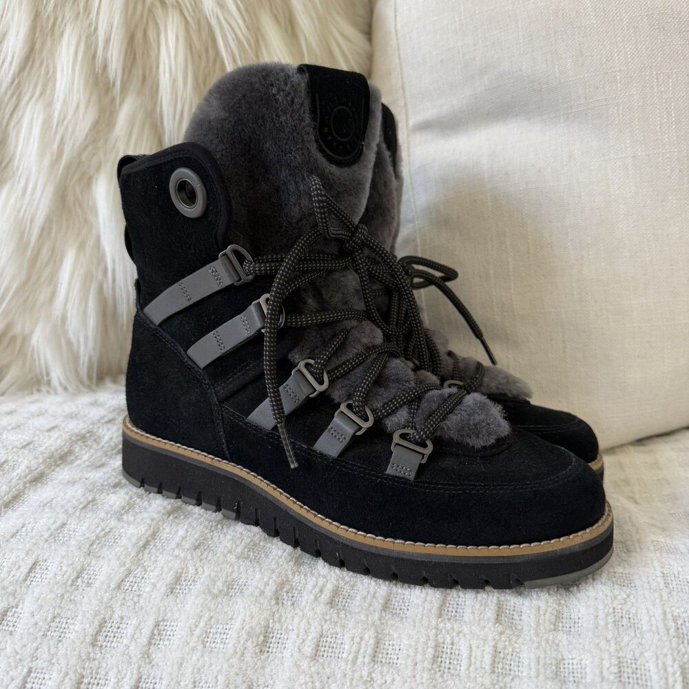 Cole Haan Women's Zero Grand Luxe Lace Up Hiker Boots Size 7.5 B Black Suede Fur